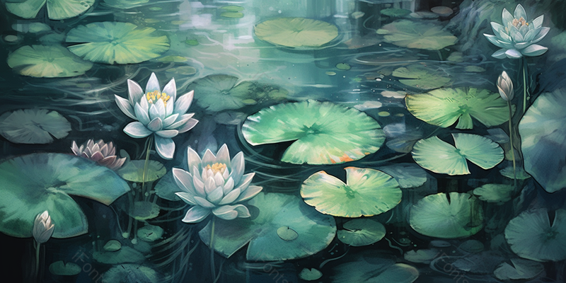 夏天夏季池塘里绿色的荷叶和荷花绽放海报背景插画,插画/手绘图,插画/手绘图库,插画/手绘图下载,插画/手绘